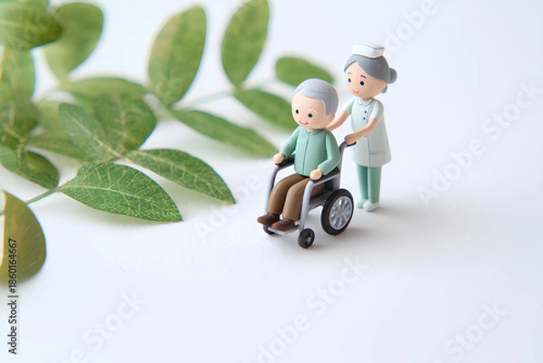 Obraz 緑の中を散歩する車椅子利用者と介護士のやさしい時間（3D）／まみおデザイン福祉シリーズ
