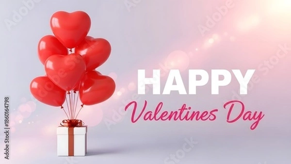 Fototapeta Happy valentine's day greeting with red heart balloons and gift