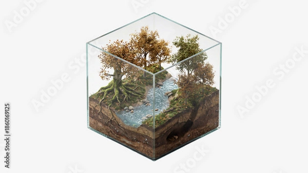 Obraz Ecosystem cube showing miniature forest river landscape