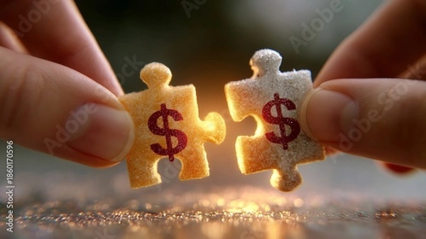 Obraz Hands Connecting Dollar Puzzle Pieces on Table