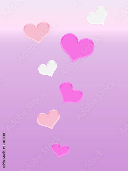 Obraz ハートが舞うロマンティックなイラスト（ラベンダー）ー ラベンダーのグラデーションにピンクとホワイトのハートが浮かぶロマンチックな背景素材。ポストカード、ポスター、マスキングシールブック、フレークシール、ノート表紙、メッセージカード等に最適。バレンタインやウェディングにも。
