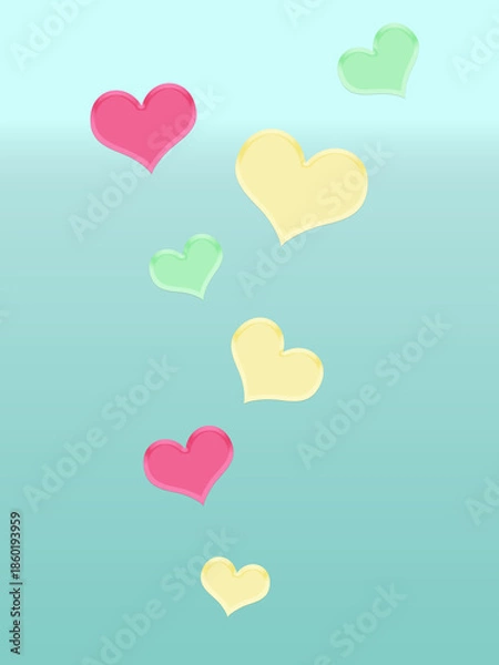 Obraz ハートが舞うロマンティックなイラスト（グリーン）ー グリーンのグラデーションにピンピンク・イエロー・グリーンのハートがふわりと浮かぶかわいいな背景素材。ポストカード、ポスター、マスキングシールブック、フレークシール、ノート表紙、メッセージカード、クリアファイル等に最適。バレンタインやウェディングにも。