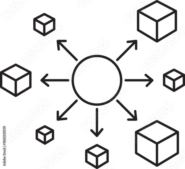 Obraz Central Hub Distribution Network Workflow Icon – Minimalist Line Vector