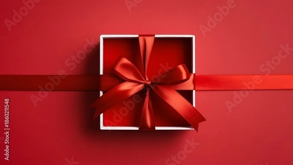 Obraz A gift box with a red bow on a red background