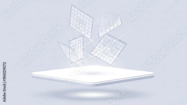 Obraz グリッドテクスチャを備えたミニマリストの白いフローティングプラットフォーム、抽象的な製品展示台、きれいな幾何学的な背景ベクトル