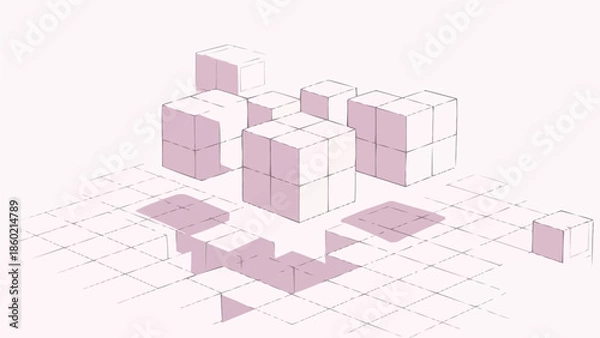 Obraz グリッド背景の等角投影の 3D 抽象立方体、ピンクの幾何学的構成要素、テクノロジーとデータ アーキテクチャの概念、デジタル ネットワーク デザイン