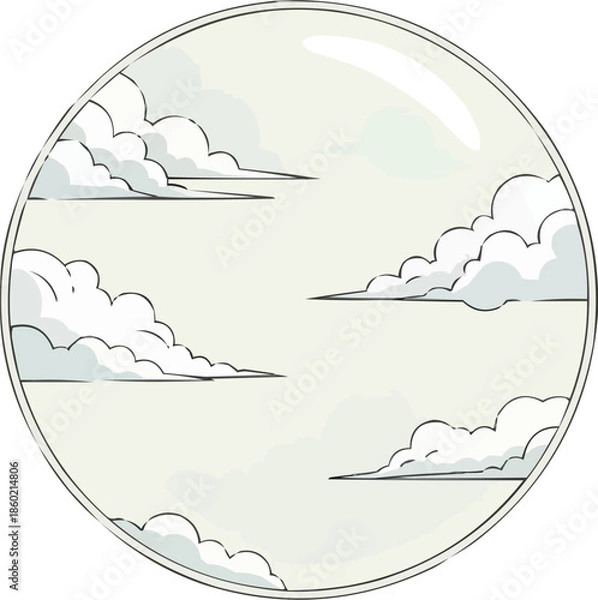 Obraz 円形のフレームに入った伝統的な日本の雲、ミニマリストの禅の空のベクトル、雲をモチーフにしたデザイン、東洋の模様のイラスト
