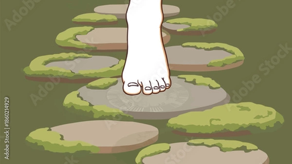 Obraz 苔むした庭の曼荼羅模様の禅の石道を歩く足、マインドフルネス瞑想のコンセプト、自然リラクゼーションのベクターイラスト