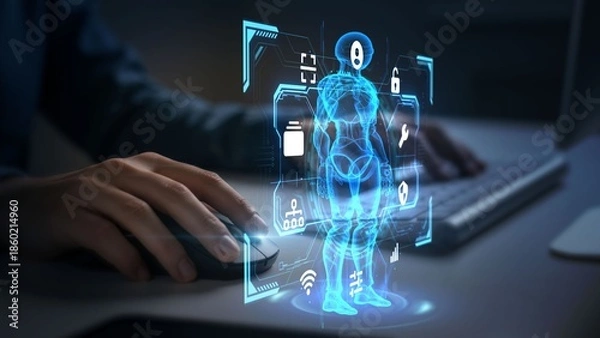 Obraz Business User Interacting with AI Human Hologram Interface