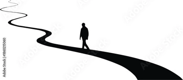 Obraz 長く曲がりくねった道を歩く男性のシルエット、人生の旅のコンセプト、将来の道のイラスト、抽象的な人物のベクター、キャリアまたは個人の成長の表現