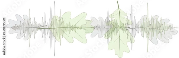 Obraz 抽象的な音波を持つ緑のオークの葉、オーディオ周波数の自然の概念、環境に優しいデジタル波形、有機的な音の共鳴のイラスト