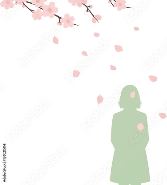 Obraz 桜の木の下に立つ女性のシルエット、散る桜の花びら、春の屋外の風景、穏やかな自然の背景