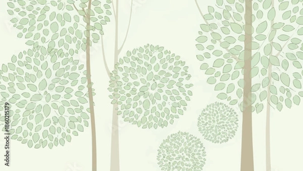 Obraz 丸い緑の葉の房を持つ様式化された木、現代の森のベクターイラスト、自然の風景、抽象的な木のパターン、緑のデザイン