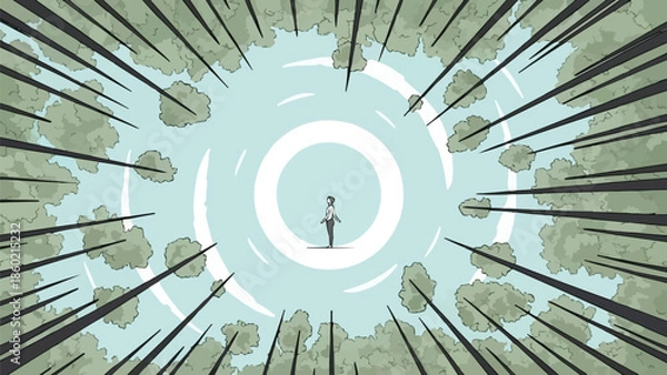 Obraz 森林浴のシーン、抽象的な木々に囲まれた人物の俯瞰、ウェルネス自然体験、森での瞑想のベクターイラスト