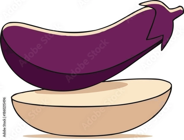 Obraz 紫色のナスのスライスのイラスト、ミニマリストな料理用野菜のベクター、メニューデザイン用に分離された新鮮な農産物のグラフィック