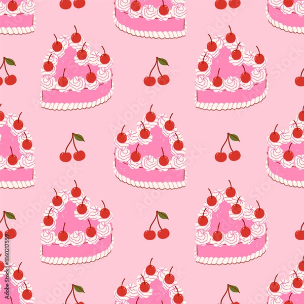 Obraz Seamless pattern with heart-shaped cakes and cherries. Vector graphics.