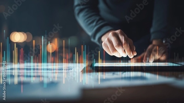 Obraz Abstract Data Analysis Concept in Market Intelligence with Hands on Digital Tablet
