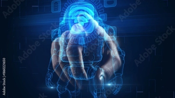 Obraz Human Finger Interacting with AI Robot Hologram Interface