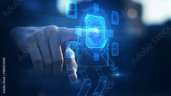Obraz Human Finger Interacting with AI Robot Hologram Interface