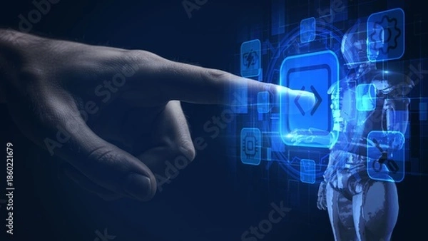 Obraz Human Finger Interacting with AI Robot Hologram Interface