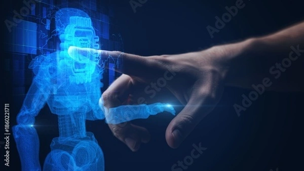 Obraz Human Finger Interacting with AI Robot Hologram Interface