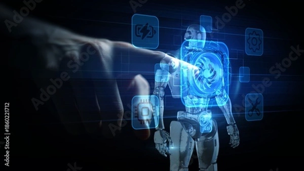 Obraz Human Finger Interacting with AI Robot Hologram Interface