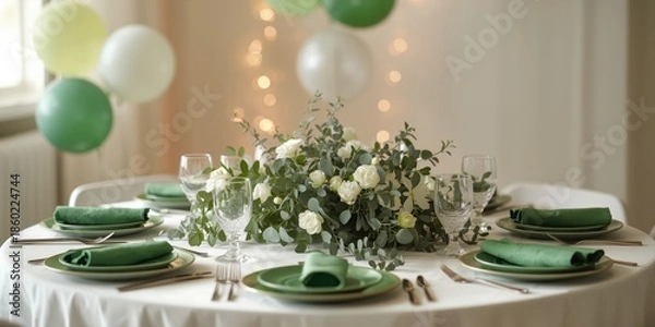 Obraz Elegant table setting with greenery and balloons