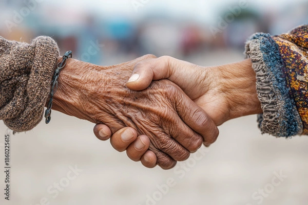 Obraz Close interaction between younger and older generations during handshake at outdoor event