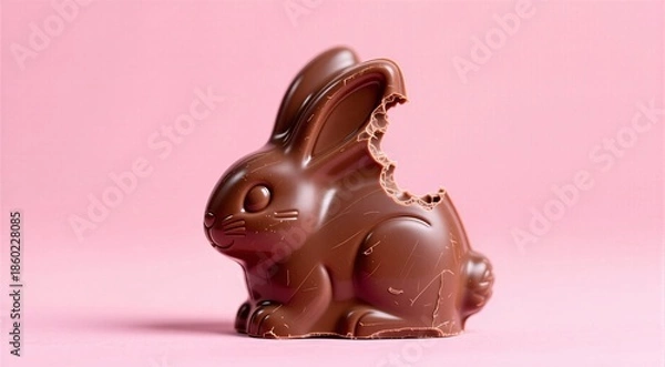 Obraz Chocolate bunny with missing ear on pink background