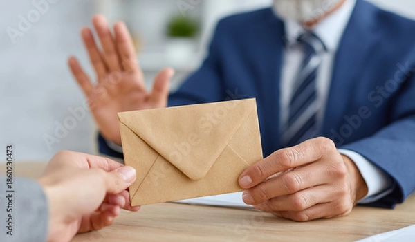 Obraz Man in office wears business attire and refuses to accept envelope from another person at desk during working hours