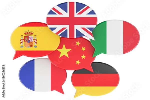Obraz Speech bubbles with world flags, 3D rendering isolated on transparent background