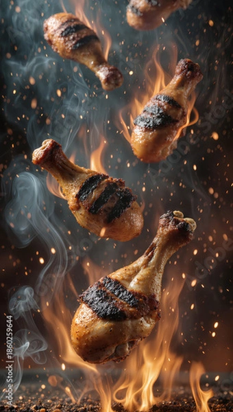 Fototapeta Grilled Chicken Drumsticks Fire.