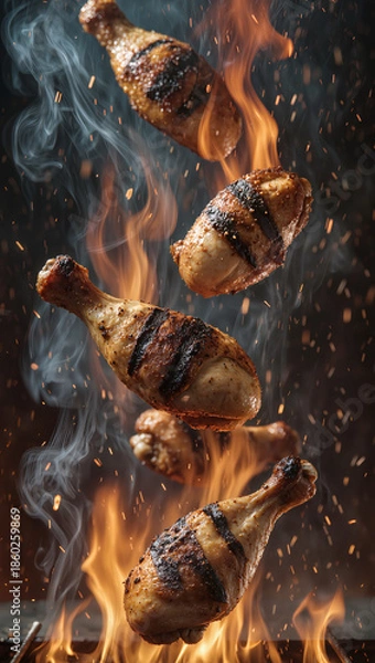 Fototapeta Chicken Drumsticks Falling into Grill Fire.