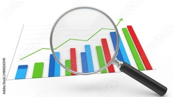 Obraz Magnifying Glass Over a Colorful Bar Graph Illustrating Growth.