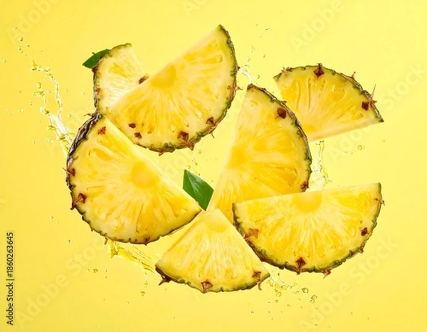 Obraz Fresh pineapple slices flying in vibrant yellow background