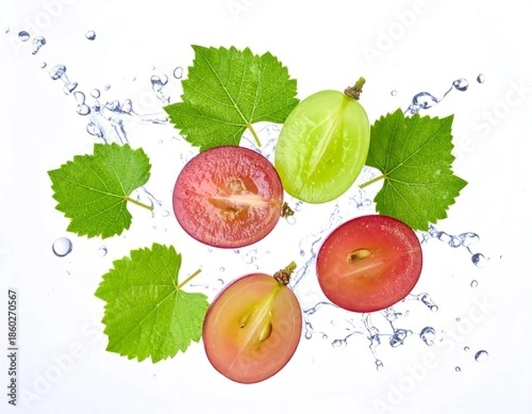 Obraz Fresh grapes and leaves with water splashes
