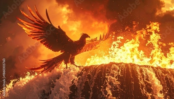 Obraz Eagle Silhouette Flying Over Volcanic Eruption.