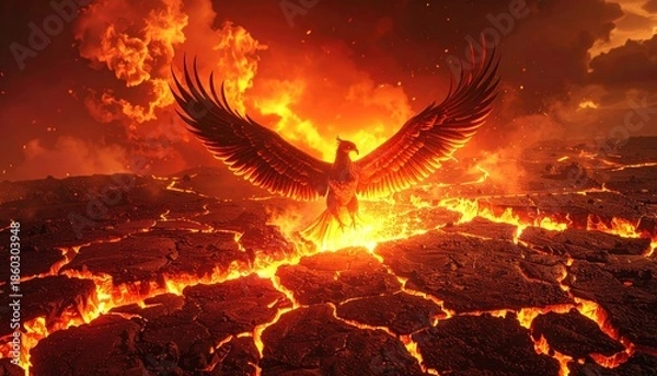 Obraz Eagle Soaring Over Fiery Landscape Inferno.