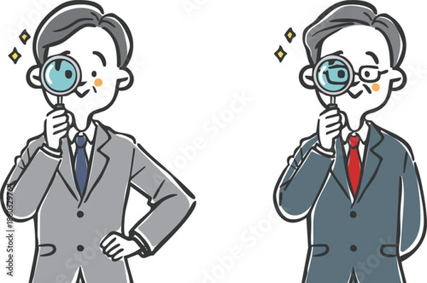 Obraz 虫眼鏡をのぞく中高年ビジネスマン　上半身　ベクター