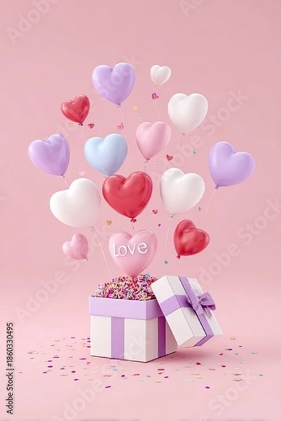 Obraz Heart balloons and pastel gift box with confetti bursting upward in pink romantic scene for Valentine design