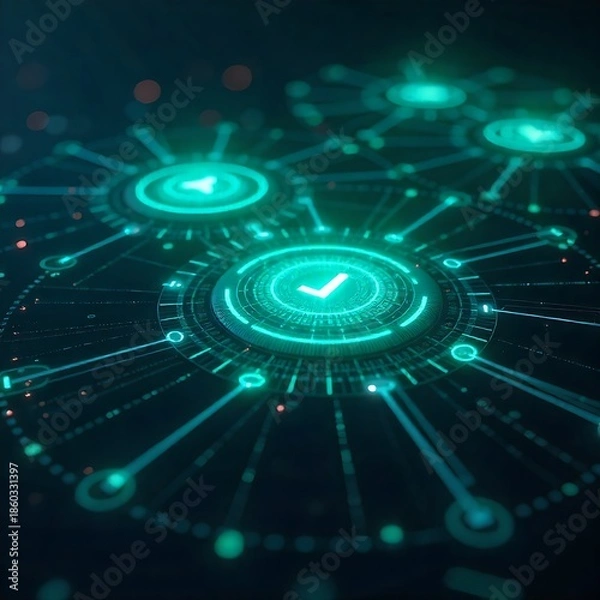 Obraz Futuristic technology interface with glowing blue circuits and checkmark