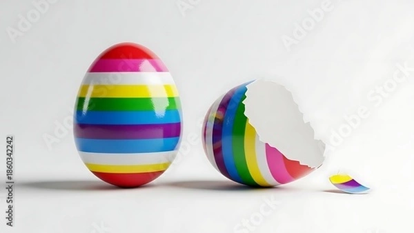 Obraz Colorful Easter Eggs with Rainbow Stripes on White Background