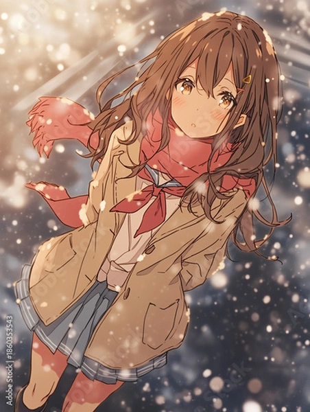 Obraz 雪の中で振り返る赤いマフラーの女子学生　冬の放課後を描いたアニメイラスト
