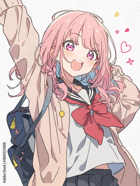 Obraz 元気に手を振るピンク髪の女子学生　明るくポップなアニメイラスト

