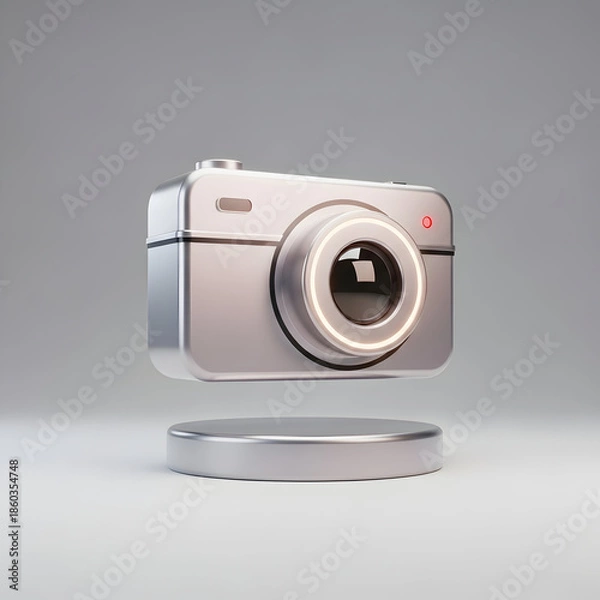 Obraz Silver Camera Floating Above Metallic Surface.