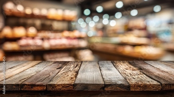 Fototapeta Wooden board empty table background. abstract blurred bakery shop background