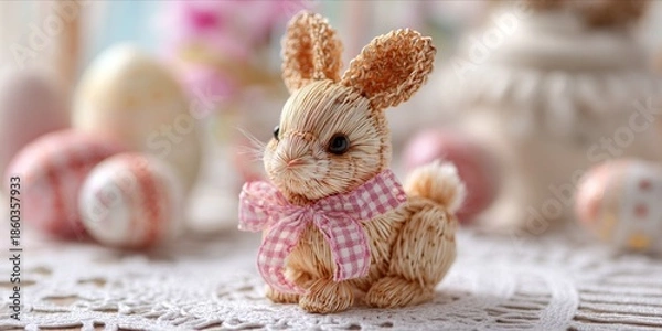 Obraz Cute rustic wicker rabbit figurine for Easter holiday decoration with blurred eggs
