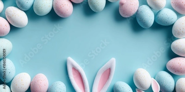 Obraz Modern Easter banner with pastel eggs and rabbit ears on soft blue texture