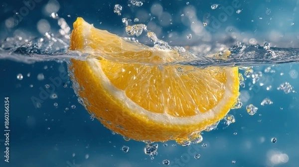 Fototapeta Splash of sliced lemon with water drops over blue background