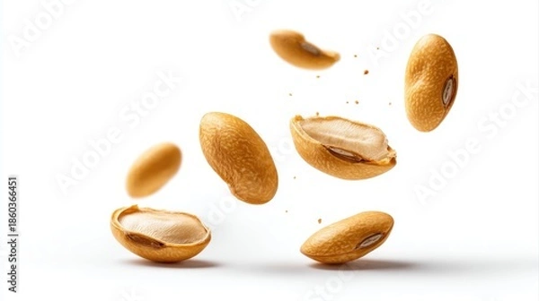 Fototapeta Soybeans levitate isolated on a white background.
